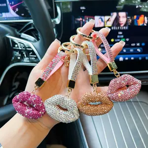 Full Rhinestone Lips Keychain with Bling Diamond Strap, 3D Clay Lip Bag Charm, Trendy Car Key Ring Accessory for Women, Cute Festival Small Gift
