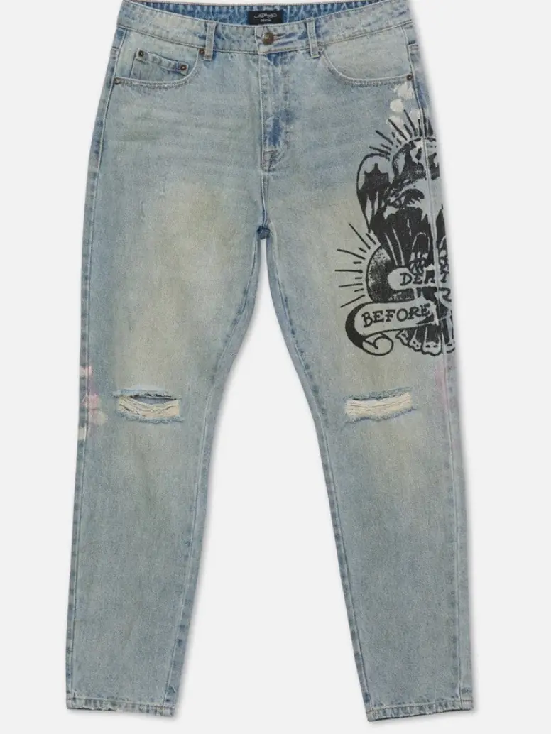 Ed Hardy Men's Slim-Fit Denim Pants - Durable, Light Vintage Wash, Pocket Detail, Full Length Menswear with Sporty Casual Fit, Stylish Sports & Outdoor Streetwear (Size 40), Streetwear Ready