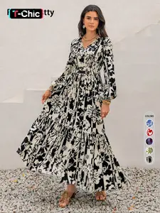 Women's Boho Floral Print Lantern Sleeve Dress with Fitted Waist Tie Design, Comfortable Casual Long Sleeve Dress for Fall & Winter, Bohemian