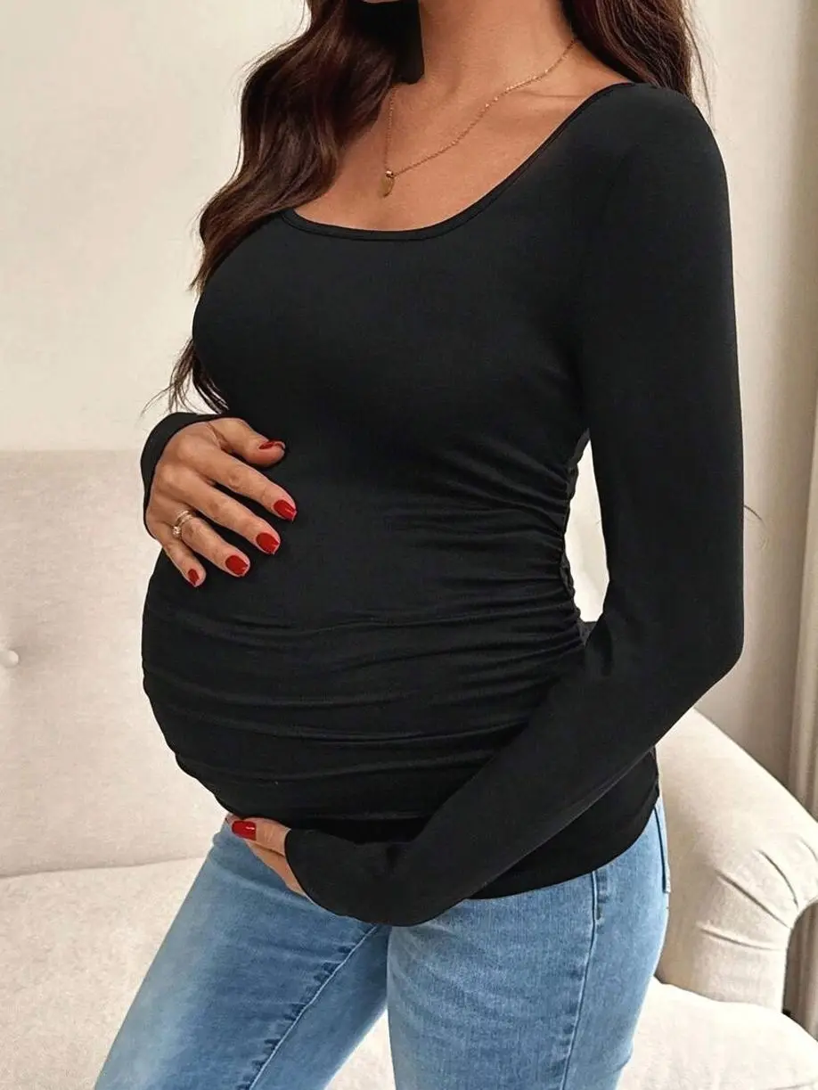 Maternity Square Neck Knitted Top, Long Sleeve Draped Fitted Elegant Pregnancy Shirt