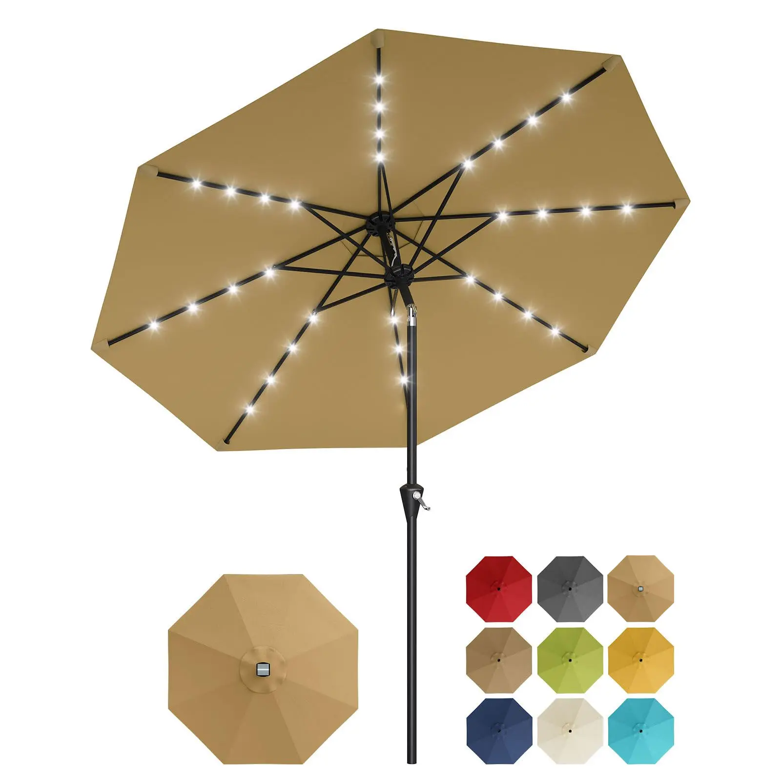Garvee 10FT Solar Patio Umbrella with 32 LED Lights, Outdoor Table Parasol comes with Crank Lift & Push Button Tilt, built with 8 Sturdy Ribs, UV Protection and Waterproof Performance, excellent sun shade for Patio, Pool, Deck, Yard and Garden