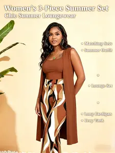women summer sets 3 piece set plus size Lounge Pants Set Pajamas Long Cardigan Crop Tank Tops with Drawstring Loungewear Outfit outdoorfun