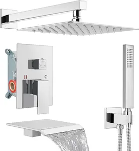 Shower System with Tub Spout, 12 Inches Tub Shower Faucet Set For Bathroom, High Pressure Rain Shower with Handheld Spray, Chrome (Contain Shower Valve and Trim kit)