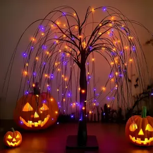 LED simulated willow tree lights, two color-changing options, Halloween table decorations, bedroom night lights, dual battery and USB power options, 8 modes of tree lights, suitable for Halloween indoor table decorations for family holiday parties