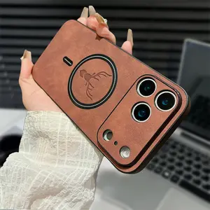 Case for iPhone 17 Pro Max 16 15 14 13 12 11, Compatible with Magsafe, Magnetic PU Leather Deer Pattern, Non-Slip Frame, Camera Protection, Soft TPU Shock Absorption Military Grade Drop Shockproof Cover