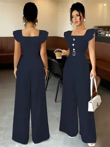 New Women's Square Neck Pleated Fake Placket Waistband Decorative Buckle Casual Versatile Commuter Tall Slim Elegant Chic Jumpsuit Pants