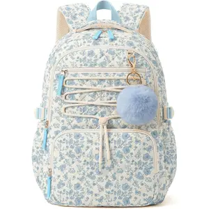 WOBAGMEN Backpack for Women,Cute Quilted Backpack with Multi-Pocket, Lightweight Anti Theft Bookbag Fits 15.6" Laptop,Aesthetic Large Capacity Casual Daypacks for travel(Blue Floral, M) outdoorfun