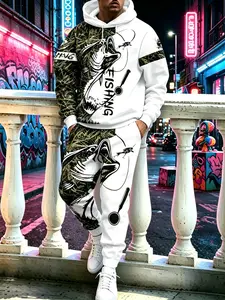 2026 Fall/Winter new men’s camouflage patchwork fishing 3D print hooded sweatshirt & pants, complete outdoor streetwear athletic set