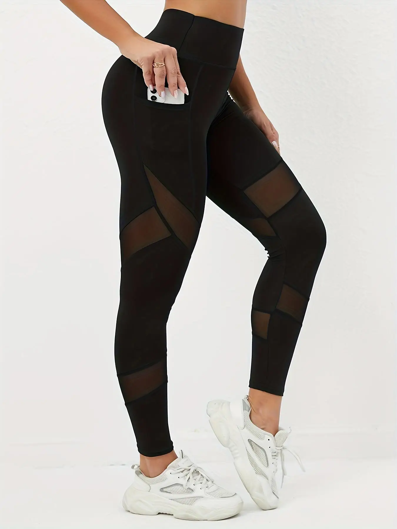 Women's High Waist Pocket Contrast Mesh Sports Leggings, Tight-fitting Elastic Seamless Comfortable Breathable Yoga Leggings, Ladies Sportswear Clothi
