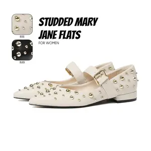 Ballet Flats for Women Studded Flat Pointed Toe Golden Rivets Chunky Block Heel Adjustable Buckle Strap Summer Sandals Comfy Mary Jane Shoe Easy Slip on Gifts for Her Work Casual Party Wedding Spring Dressy Ballerina Shoes Deals For You Days