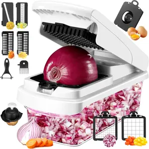 [New Deal] 12-in-1 Multifunctional Vegetable Chopper with 7 Stainless Steel Blades, Pro Onion Chopper, White Container and Cheese Shredder - Essential Kitchen Utensil