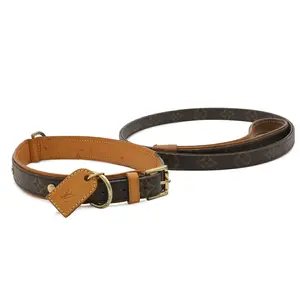 Pre-owned Louis Vuitton Canvas Small Leather Goods Monogram dog leash collar set