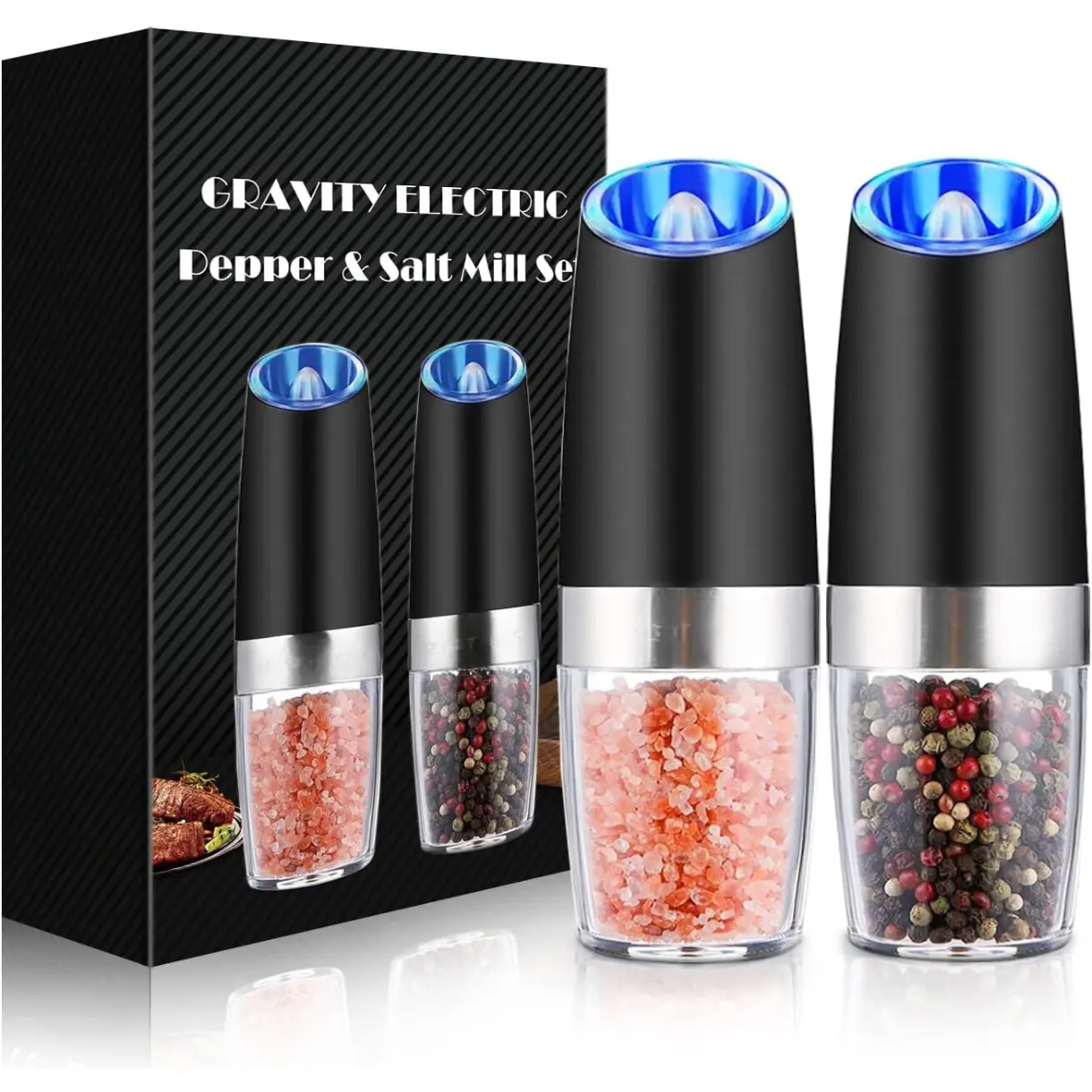 Pepper and Salt Grinder Set, Adjustable ,Battery Powered with LED Light ,Black ,Kitchen Seasoning Utensils ,salt shaker, salt dispenser