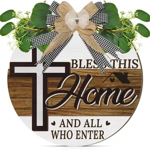 3D Bless This Home Front Door Sign,Vintage Welcome Door Wreath,Boho Welcome Sign Cross with Bow,Rustic Religious Christian Cross Wall Decor for Front Porch Outdoor Yard Living Room Indoor