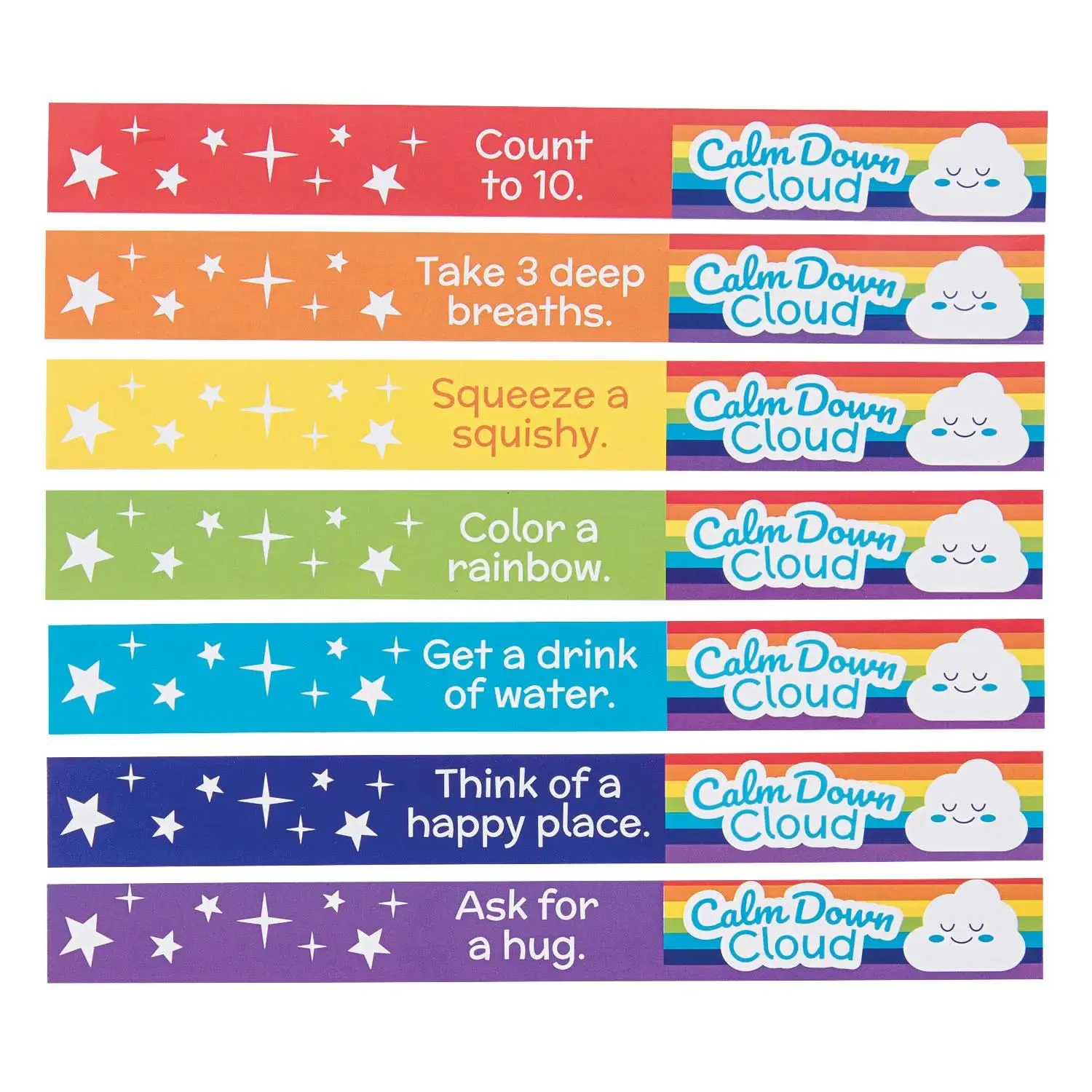 9" x 1" Bulk 100 Pc. Calm Down Cloud Reminder Rainbow Paper Bracelets