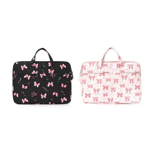 Bowknot Zipper Laptop Sleeve, Large-Capacity Shoulder Bag with Secure Closure, Zipper Lock, Secure Carry, Versatile Design for Business & College Use (Black and Pink)