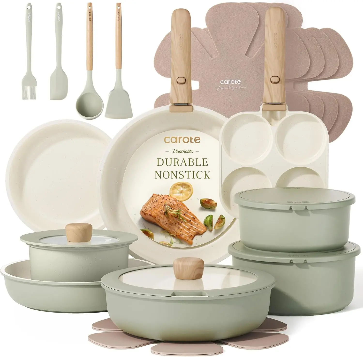 [Official] CAROTE 19/25-Piece Nonstick Pots and Pans Set, Wooden Detachable Handle, Space-Saving Cookware Set, All Stovetops Compatible, Sage Green, Black