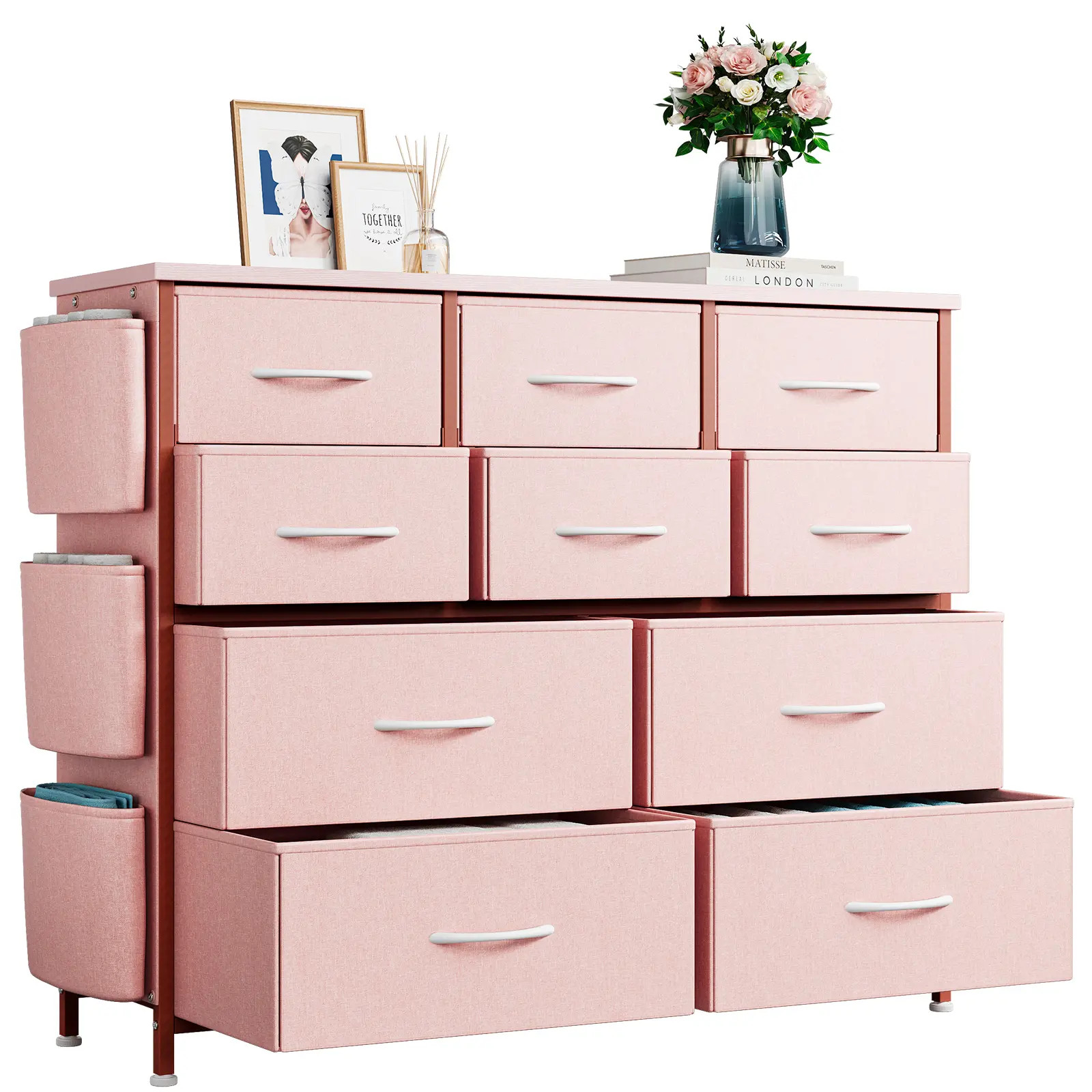 10-Drawer Minimalist Fabric-Metal Bedroom Storage Cabinet with Sturdy Metal Frame, Side Pockets, Side Hooks, Adjustable Feet, Dual Sizes, Display Top Counter, Hang Gear Vertically - Fabric Chests Drawers for Closet