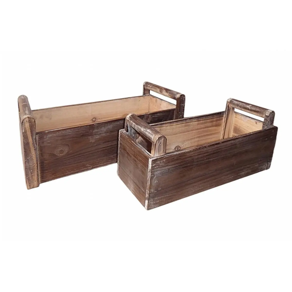 Cheungs Rattan FP-3506-2 Organizing 2-Piece Set - Wooden Rectangular Ledge Storage Baskets with Handles, Plastic Liners, Brown, Two Piece Set
