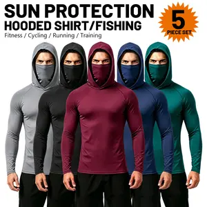 6 Pack Men UPF Sun Protection Compression Hooded Shirts, Quick Dry Breathable Long Sleeve Athletic Tops with Attached Face Mask, Lightweight Cooling Performance Activewear for Fishing Construction Outdoor Work