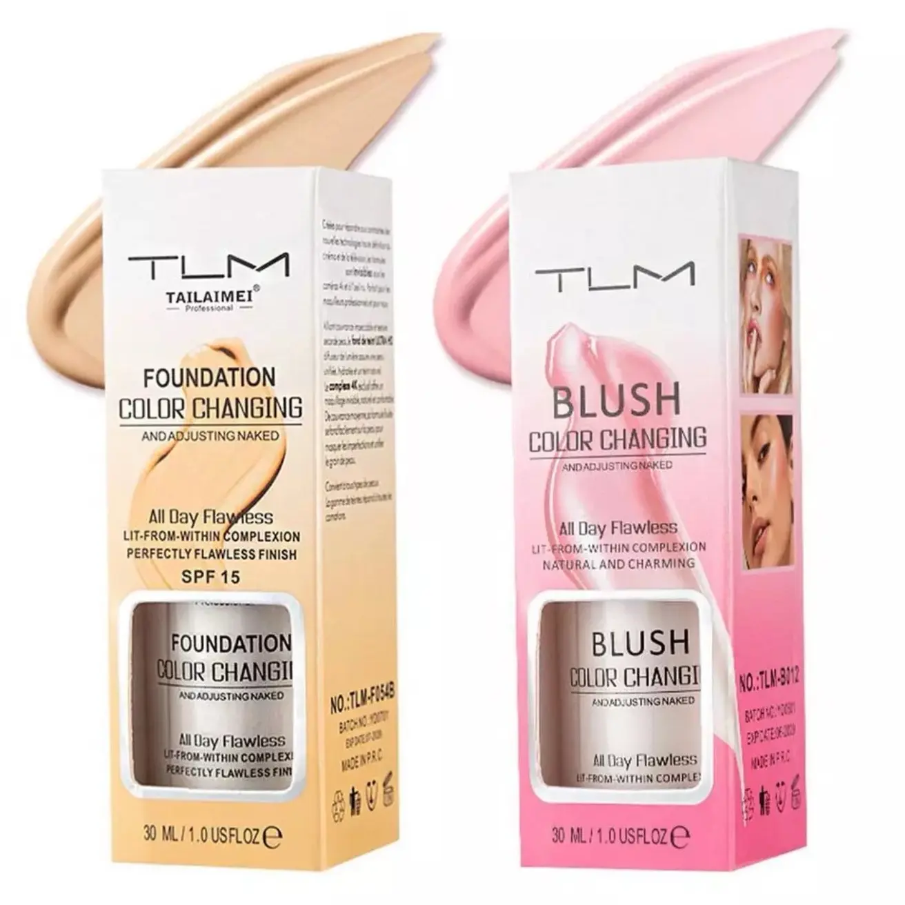 TLM Color Changing Foundation and Blush Set, All-Day Flawless Concealer Foundation Hybrid with SPF15, Moisturizing Cosmetic SPF Makeup for All Skin Tones, Moisturizing Makeup Foundation