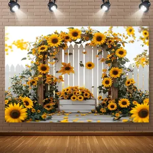 1PC,2D Flat Sunflower - Themed Festival Door Banner, Pastoral - Style White Fence Sunflower Decorative Door Curtain, Home Party Birthday Scene Decoration Hanging Cloth, Warm And Romantic Festival