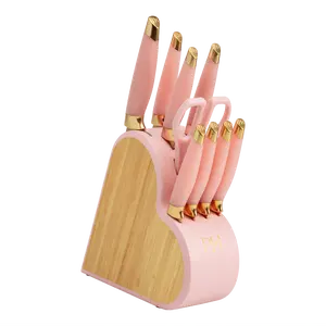 10-Piece Kitchen Knife Set with Heart-Shaped Block, Stainless Steel Blades, Pink White Iridescent Finish