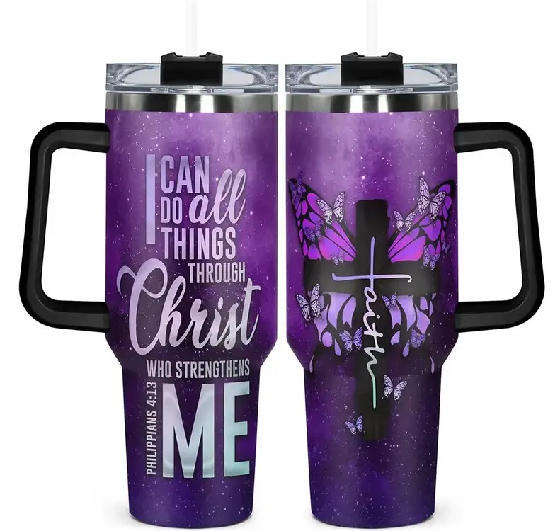 [Gift Box Included] 40oz, 20oz Purple Starry Sky Christian Stainless Steel Tumbler with Handle and Straw, Double Wall Vacuum Insulated Travel Mug, Fits Car Cup Holder, Faith Gift for Family, Friends & Coworkers