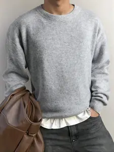 Men's Solid Round Neck Long Sleeve Sweater, Soft Knit Pullover for Fall & Winter Everyday, Business Casual Loose-fitting Drop Shoulder Top, Soft Crew Neck