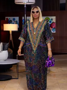 Luxury Rainbow Sequin Kaftan Gown with Elegant V-Neck Detailing