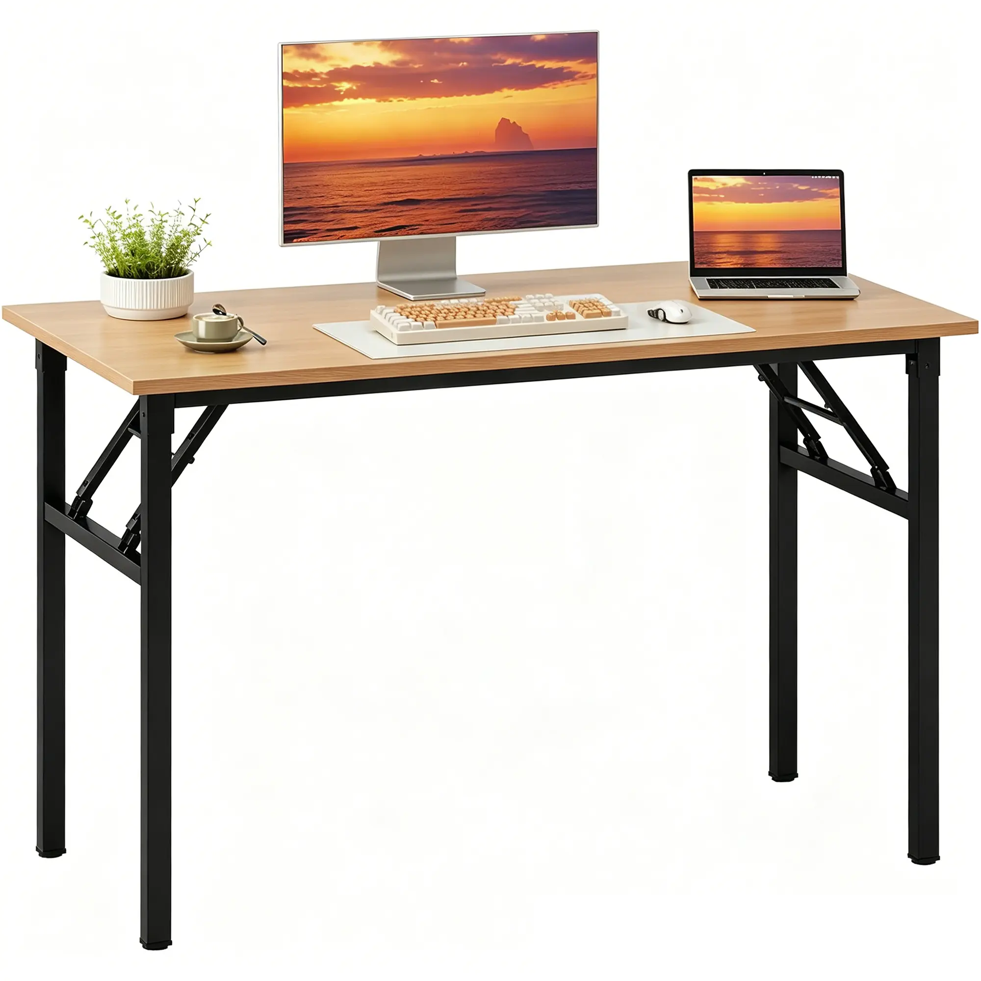 Foldable Office Computer Desk with Adjustable Height, Sturdy Folding Laptop Table, Writing Gaming Work Table/Folding Home Office Desk/Sewing Table, No Assembly Required