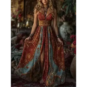 Women'S Bohemian Maxi Dress - Elegant V-Neck Beach Party Outfit, Flowy Formal & Casual Evening Gown in Red/Blue/Orange/Teal/ - Lightweight Summer Dress for Women, Vacation Outfit, Flowing Sleeves, Stylish Construction, Boho Lovers  Fabric Womenswear