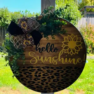 Leopard Print "Hello Sunshine" Wooden Door Hanger with Sunflower Design and Bow for Home Decor
