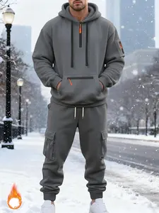 Men's Fall Winter Heavyweight Fleece Lined Loose Fit Casual Sports Thermal Lined Tracksuit Workwear Set, Trendy American Style, Comfortable and Warm