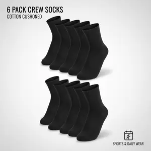 6 Pack Cotton Cushioned Crew Socks for Sports & Daily Wear
