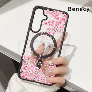 Magnetic Phone Case Compatible with Samsung Galaxy S23 Ultra S24 Plus S25 S22+ FE Cherry Blossom Whisper Pattern Acrylic Back TPU Edges Clear support wireless charging Bumper Cover for