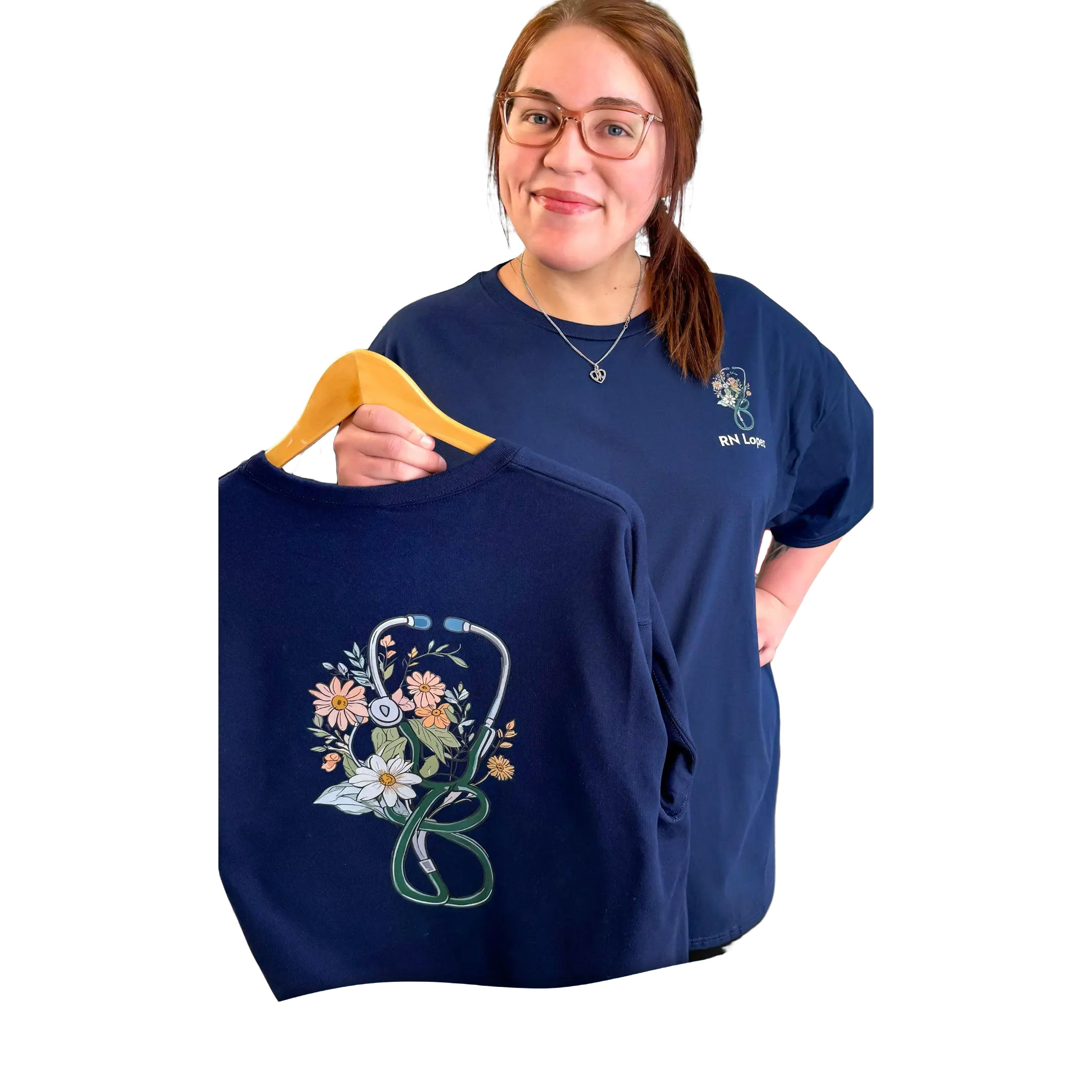 Tees2urdoor Women's 100% Cotton Casual Floral Stethoscope Print T-Shirt - Short Sleeve Garment for Nurses, Thanksgiving Wear