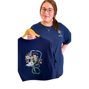 Tees2urdoor Women's Fitted Cotton Short-Sleeve Navy Nursing T-Shirt - Floral Stethoscope Print Garment, Streetwear Everyday Wear for Nurses, Spring Casual Top to Pair with Jeans