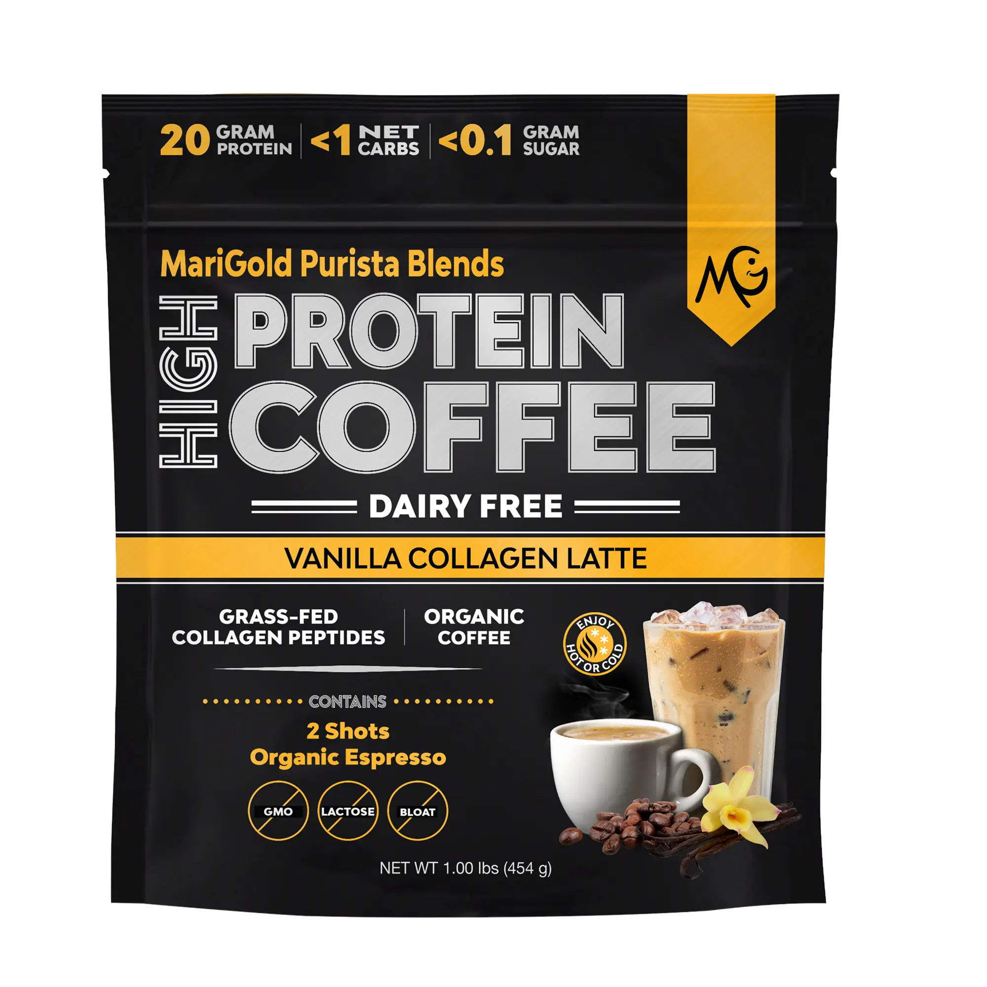 MariGold High Protein Coffee - 1Lb - Grass-Fed Type I & III Collagen Peptides, Dairy-Free Energy, Organic Espresso, Non-GMO