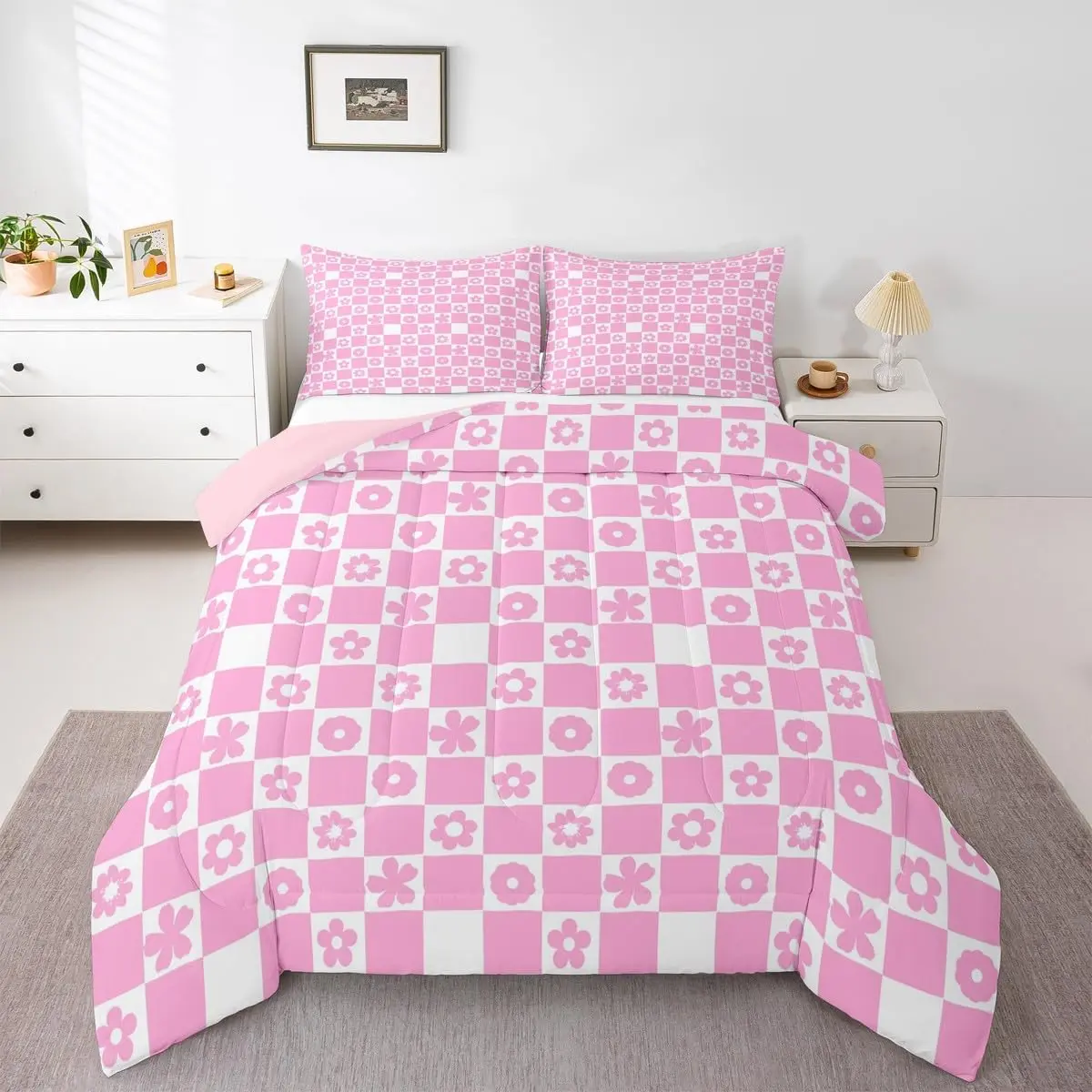 Pink Checkered Bedding Set Soft,Cute Florals Comforter Set Checkerboard Grid Duvet Quilt Microfiber Checkerboard Geometric Bedroom Decor 1
