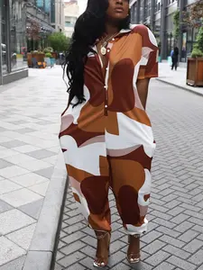 【Plus Size】 Colorblock Print Button Jumpsuit, Casual Short Sleeve Loose Jumpsuit for Summer, Women's Plus Clothing for Daily Wear, Womenswear