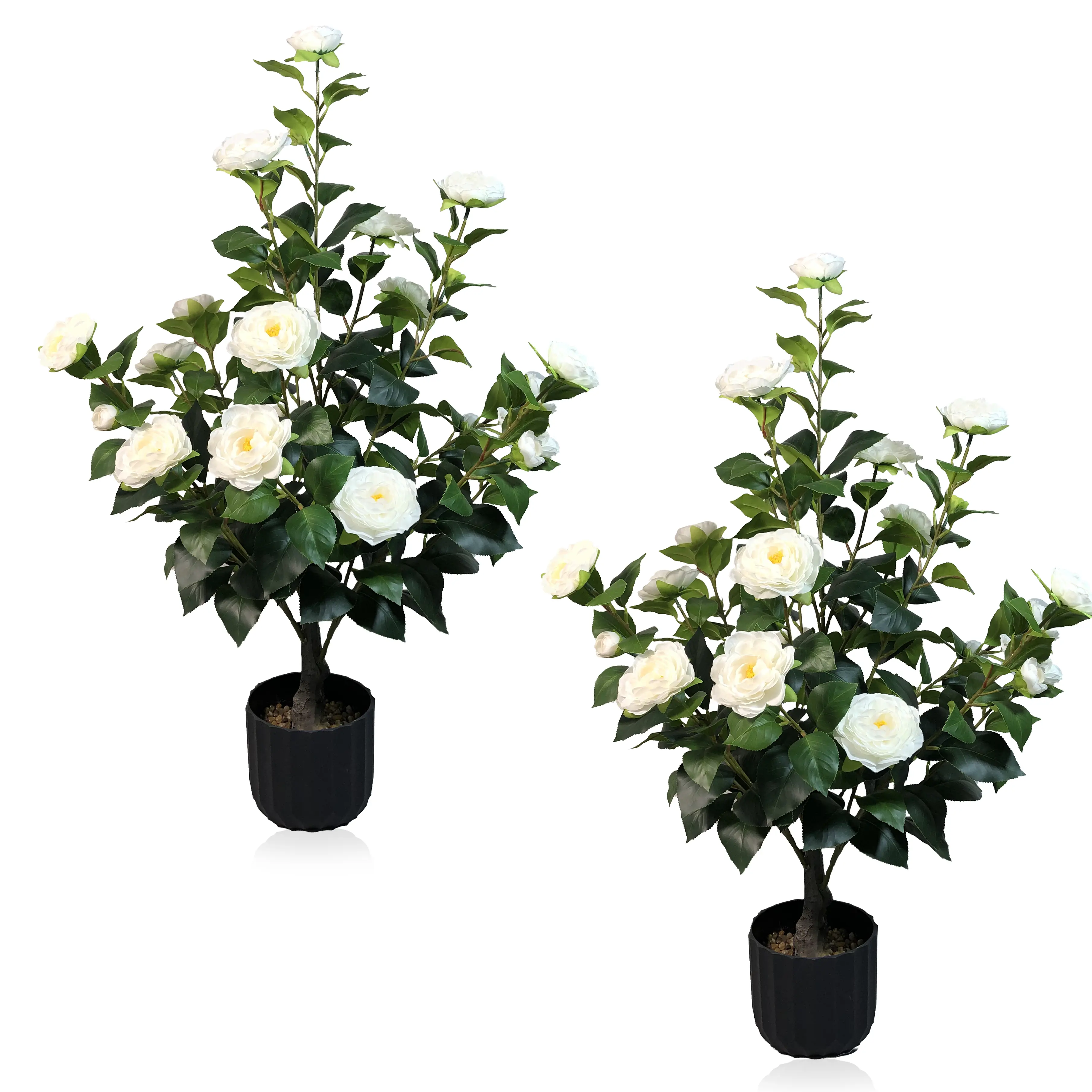 2 Pcs 3-foot Camellia Tree with Decorative Pebbles, Flower Pot, 24 Realistic Flowers, 188 Leaves for Indoor, outdoor courtyard Home Decor