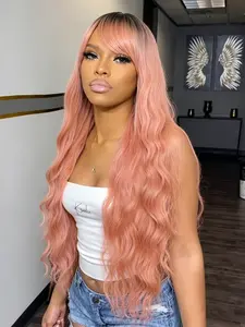 Pink with Dark Root Wig Ombre Pink Wig with Bangs Pre Bangs Heat-Resistant Synthetic Wig Wavy Wig Glueless Beginner Friendly Wigs Daily Wear 24 Inch