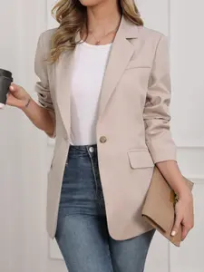 Commute Style Casual Women Notched Lapel Blazer, Single Button Lapel Design, Elegant Fitted Outerwear, Versatile Work & Street Wear, All Seasons
