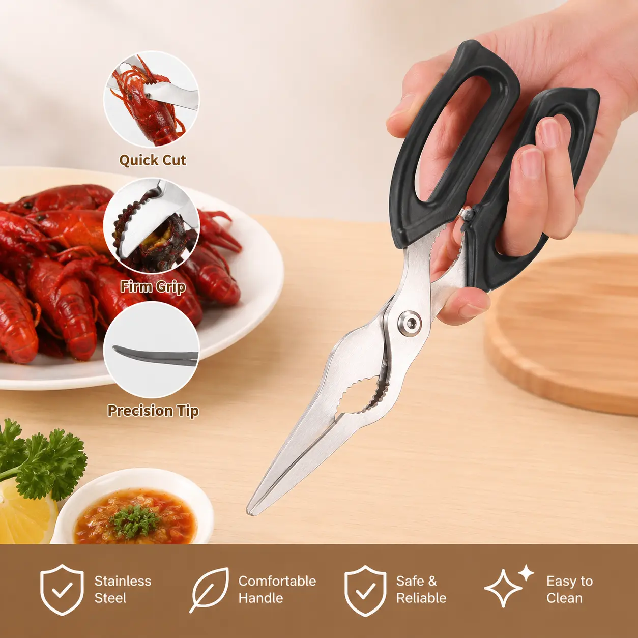 1-Piece Multi-functional Stainless Steel Seafood Scissors, Serrated Edge, Curved Pointed Tip, Thickened Blade, Quick Cut for Household Kitchen Seafood Prep