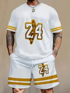 Men's Plus Size Sportswear Drawstring Set, Short Pants & Short Sleeves, Sporty Round Neck, Loose-Fitting Modern Style, All Seasons Wear, Sports clothing set
