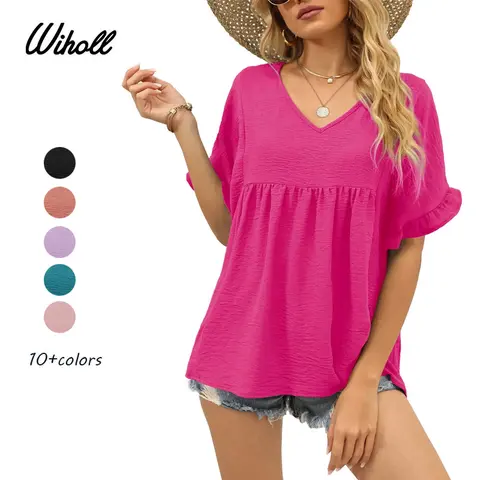WIHOLL Women's Elegant Peplum Style Blouses & Shirts - V-Neck, Ruffle Sleeves, Loose Fit, Breathable Polyester Casual Cute Top for Summer