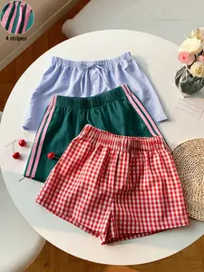 Summer Casual Shorts Set, Womenswear Loose Fit Striped & Plaid Fabric Home Wear, Outdoor Sports, Vacation, Streetwear, School Trendy Pants