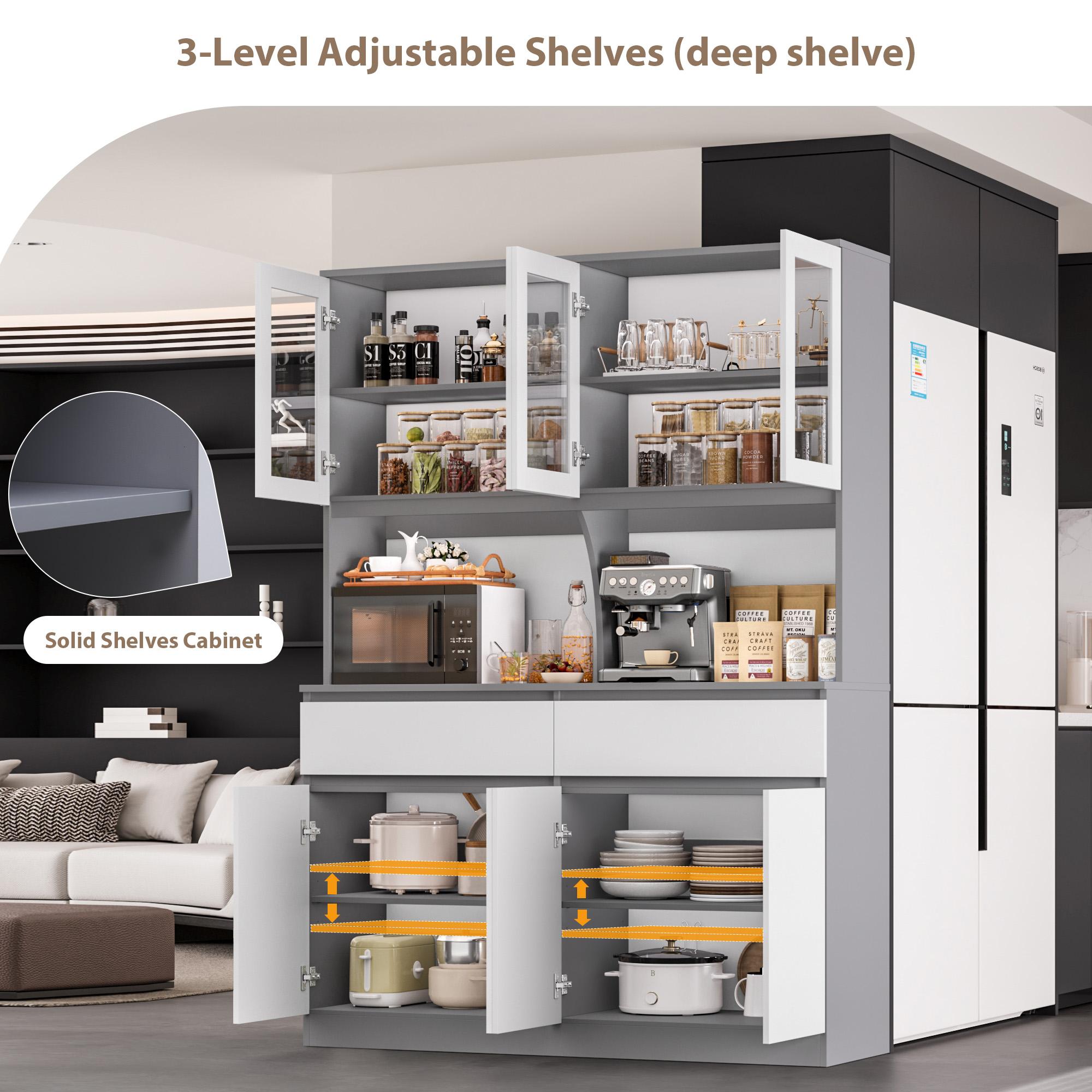 FOTOSOK  74.8" Tall Pantry Cabinet, 55.1" Wide Kitchen Pantry Cabinet  with 2 Drawers, Kitchen Hutch with Microwave Stand, Tall Storage Cabinet for Living Room, White