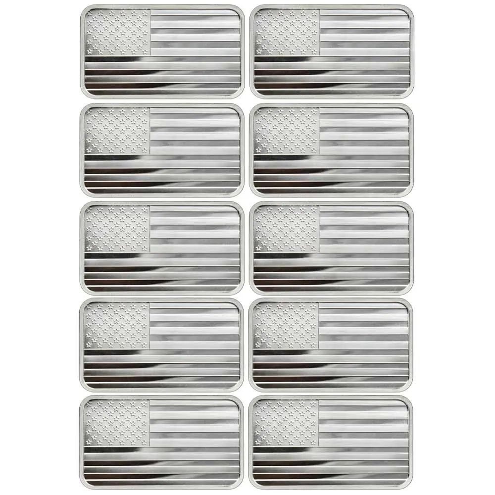 Lot of 10 - 5 Troy oz American Flag .999 Fine Silver Bar Sealed